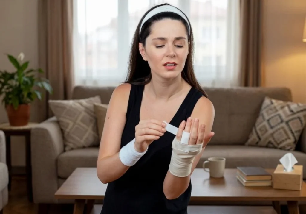 A woman in a headband and black tank top sitting in a home living room, inspecting a bandaged hand and wrist injury, representing a California severe laceration injury claim handled by Protection Law Group.