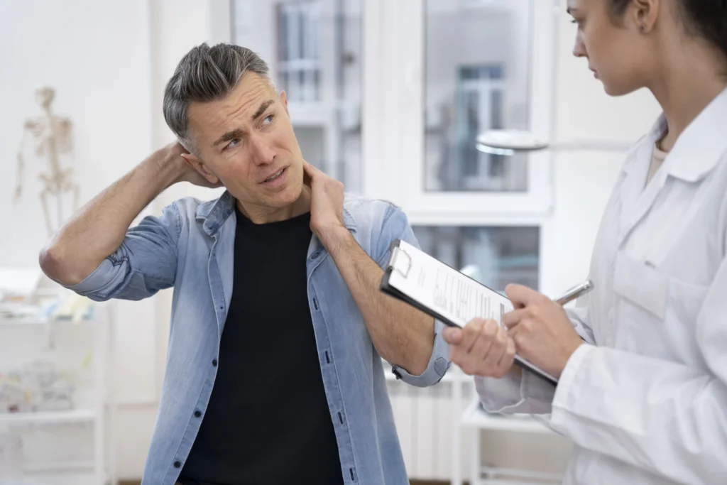A man holding his neck in pain while consulting with a doctor holding a medical clipboard, illustrating a California neck injury claim handled by Protection Law Group